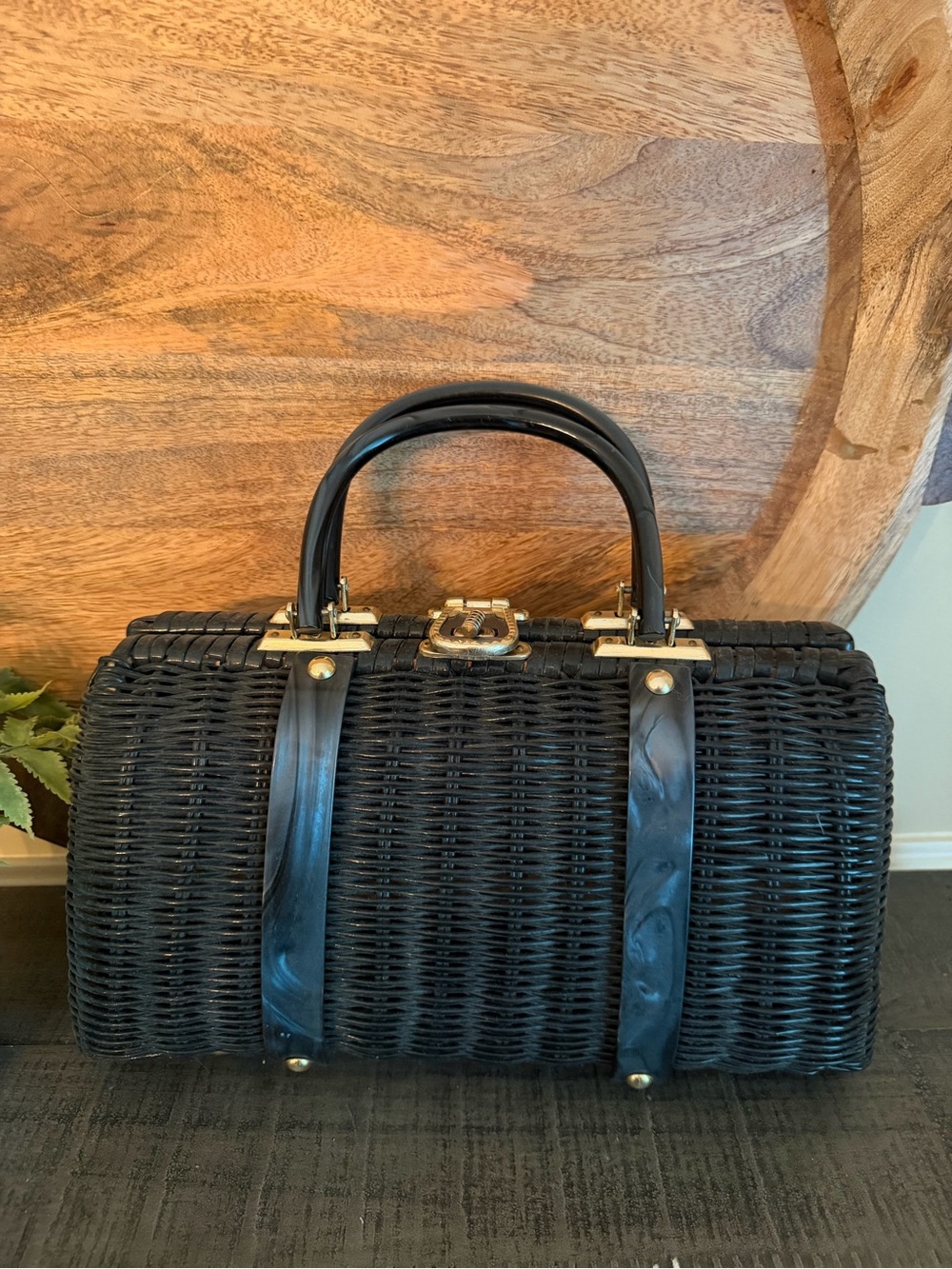Vintage 1950s -60s Hand Made British Hong Kong Rattan Wicker Purse Black Lucite - Picture 2 of 11